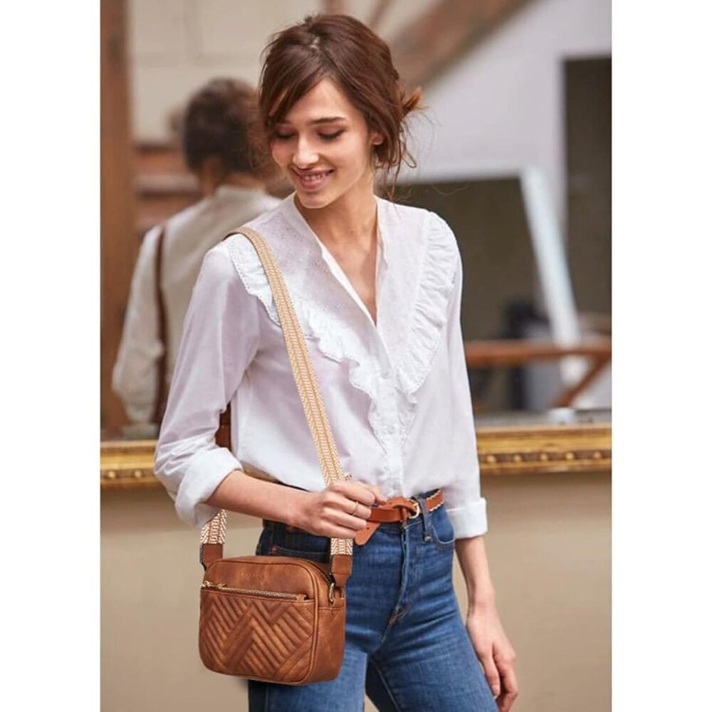 Women Brown Imported Vegan Leather Quilted Small Shoulder Crossbody Handbags - Picture 2 of 8